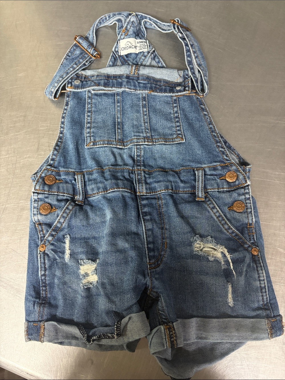 Jordache Distressed Denim Short Overalls in Blue